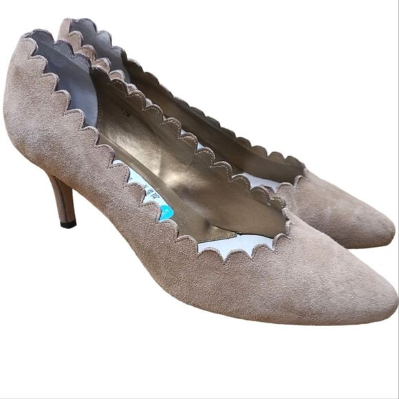 Vaneli Taupe Suede Heels Womens size 12 Leather Pumps Scalloped Edge - Picture 1 of 6